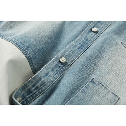 Japanese Retro Made Denim Shirt with Old Stickers Spring Long Sleeved Casual Top for Men and Women