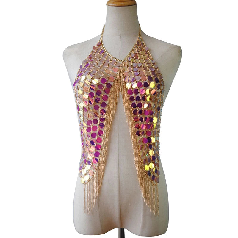 AKYZO Sequined Crop Tops for Women Metal Chain Tassel Nightclub Dance Wear Party Burning Outfits Plastic Tank Top Sexy Festival
