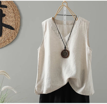 Slimming Pure Color Cotton Linen Lightweight Sleeveless round Neck Inner Wear Large Size Women's Fashionable Versatile Top