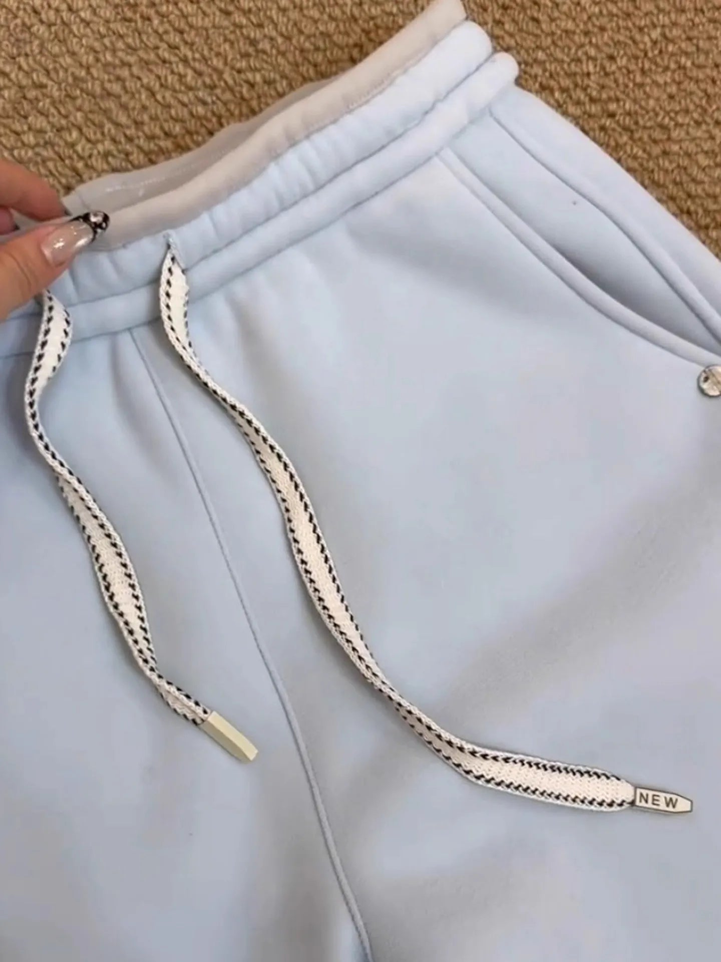 Blue Fleece Lined Thickened Sweatpants Women's Winter New Lazy Warm Cuffed Drawstring Casual Trousers High Waist Wide Leg Pants