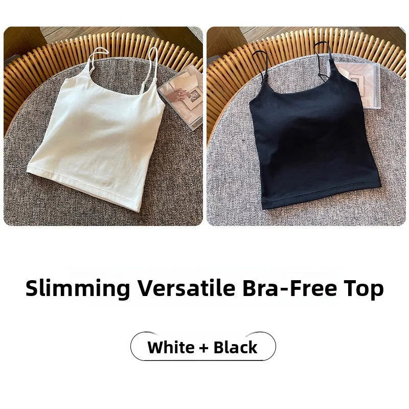Summer New Small Strap Vest with Chest Pad Backless Integrated Inner And Outer Wear Slimming  Color Short Top for Women