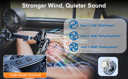 Hipacool 2024 Upgrade Car Fan Plug-in Or Battery Dual-Head Fan Strong Wind Quiet Sound Car Storgae Hook Flexible Car Cooling Fan