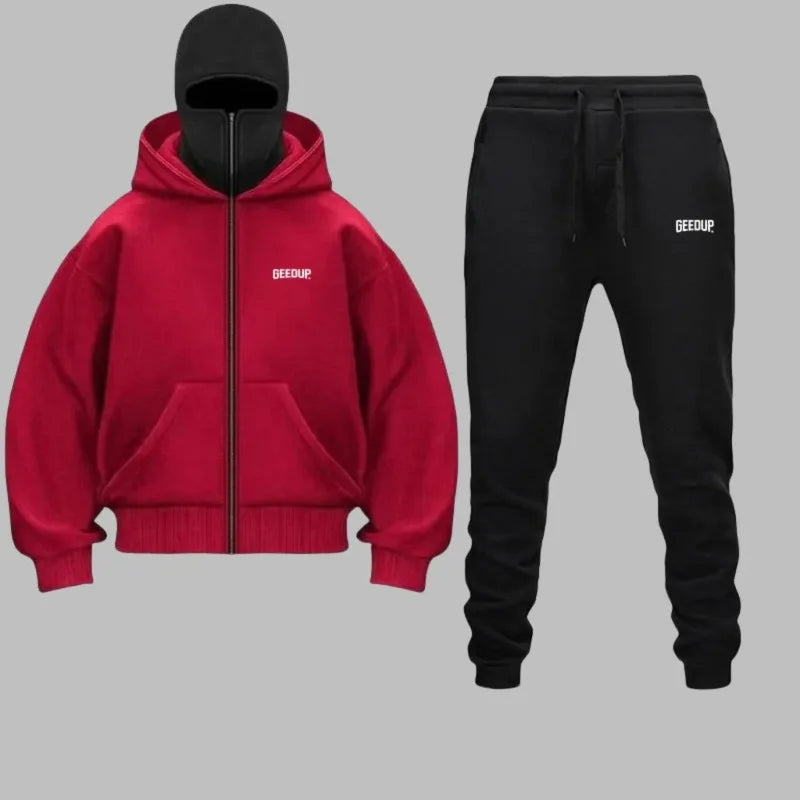 2025 Autumn Winter Men Zippered Hooded Sweatshirt Set - Balakrava Street Fashion Windproof Ninja Letter Design Two-Piece Set