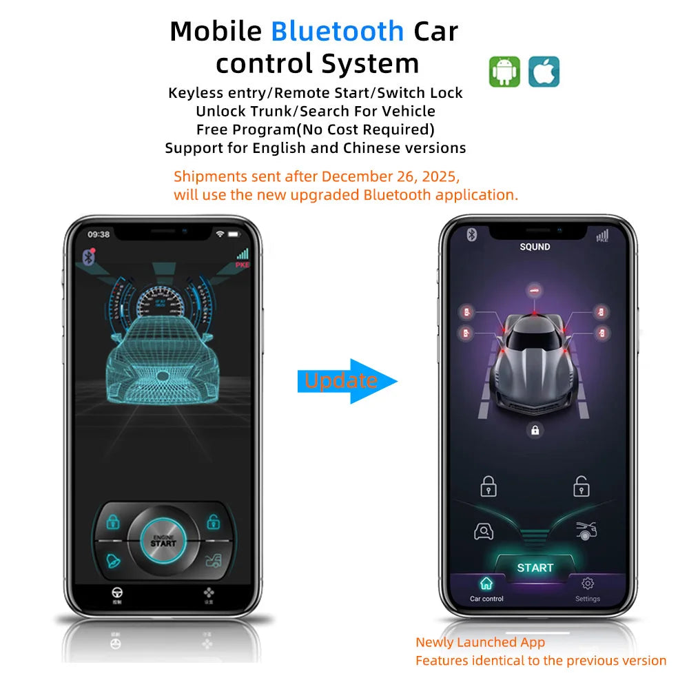 Keyless Ignition System Start Stop Button Mobile Bluetooth App Control PKE Keyless Entry Remote Remote Automatic Start Car Alarm