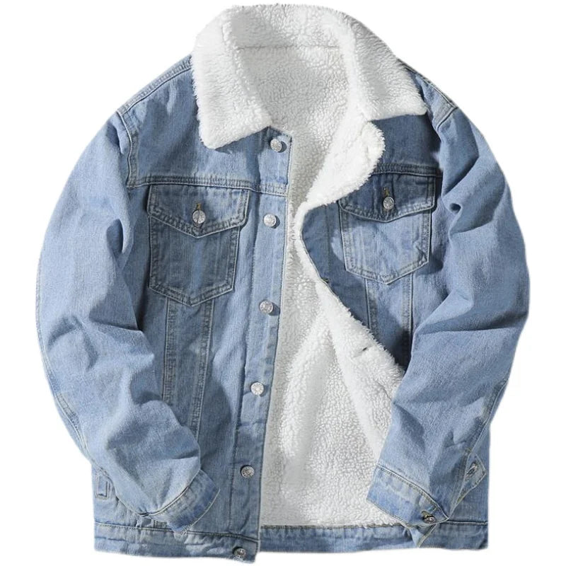 Men's Denim Jacket Fleece Lined Thickened Lamb Fur Collar Cotton Jacket Korean Loose Style Warm Cotton Coat Winter Outerwear