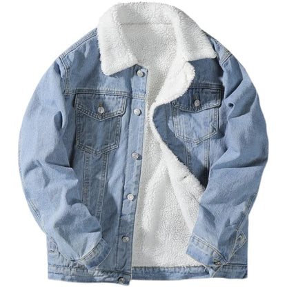 Men's Denim Jacket Fleece Lined Thickened Lamb Fur Collar Cotton Jacket Korean Loose Style Warm Cotton Coat Winter Outerwear