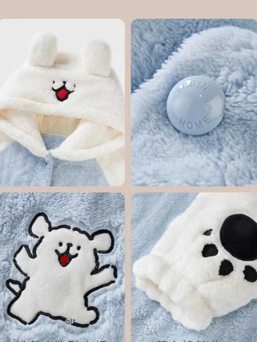 Thickened Coral Fleece Sleep Robe for Women Winter Home Clothes Couples Pajamas Cute Warm Long Cartoon Patterned Robe