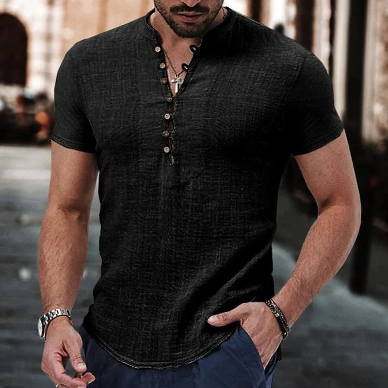 Men's Short Sleeve Linen Shirt Summer Lightweight Casual V-Neck T-Shirt Men Basic Solid Color Loose Fit Top