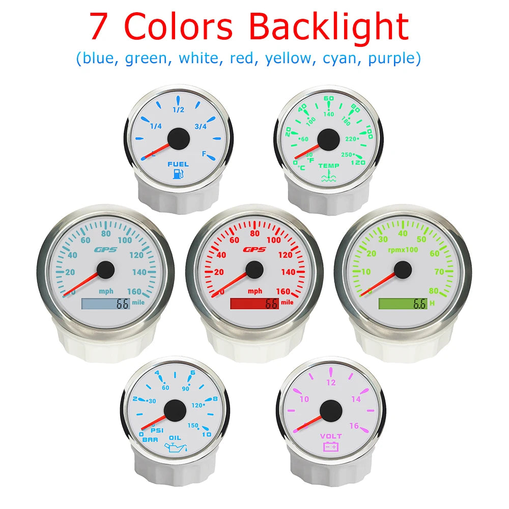 ELING 6 Gauge Set 85mm GPS Speedometer with Tachometer with 52mm Water Temp Oil Pressure Fuel Level Voltmeter with Backlight