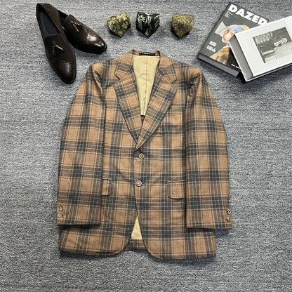 Vintage Unisex Woolen Suit Jacket Simple Casual Plaid Retro Style Warm Windproof Interview Commuting Business Casual Wear