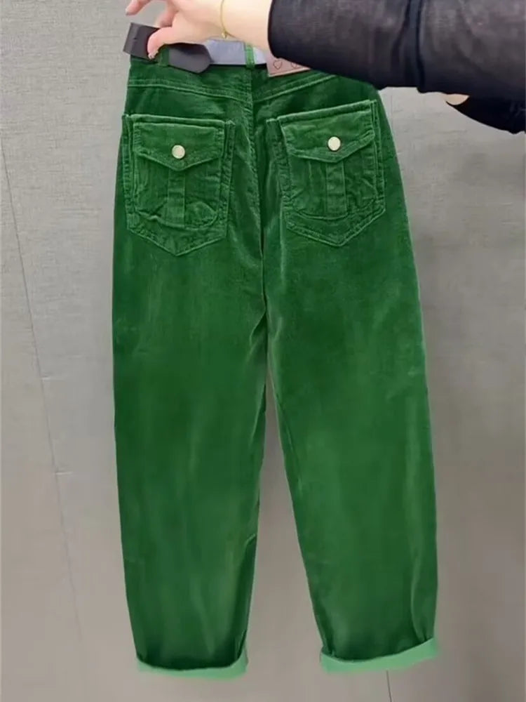 High Waist Cotton Corduroy Harlan Pants Slim Fit Casual Nine Point Knife  Straight Leg Crop Leisure Long Trousers