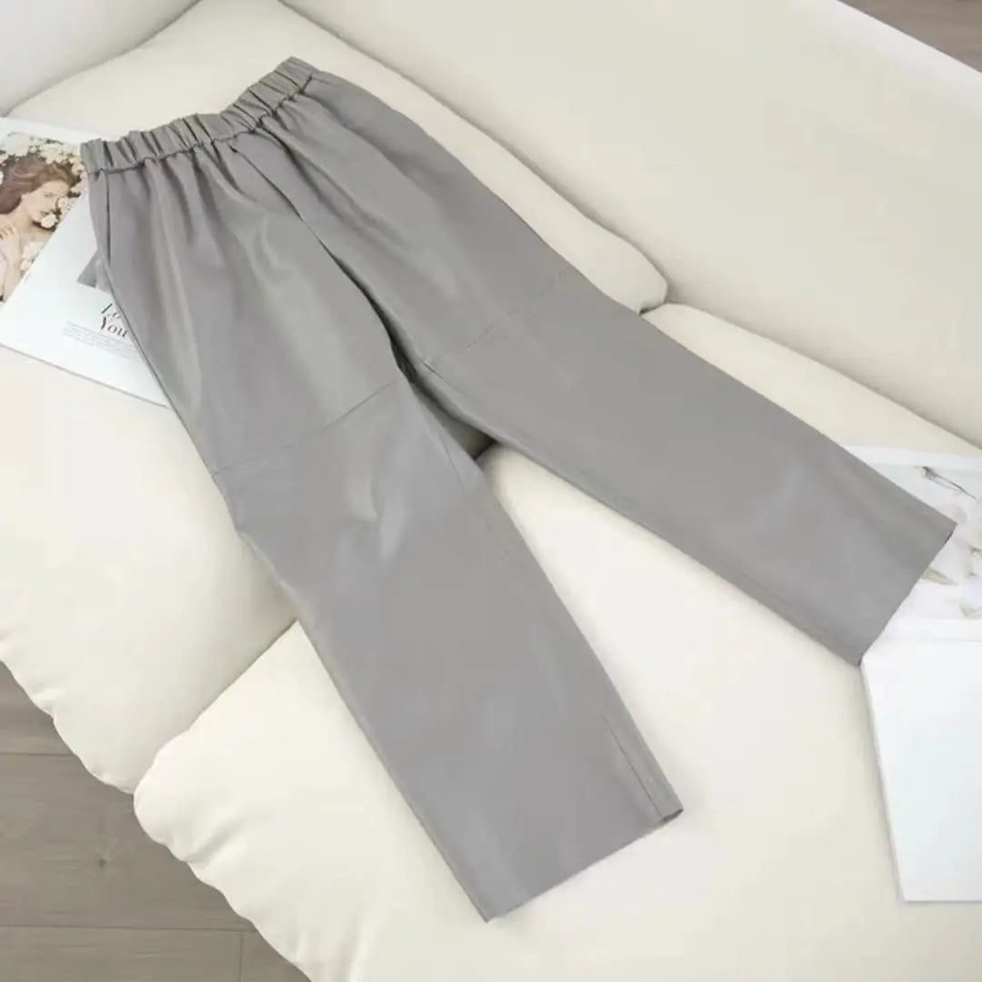 Genuine Leather Harem Pants Women Real Sheepskin Trousers High Elastic Waist 2026 New Streetwear Plus Size Pants Y2k Fashion