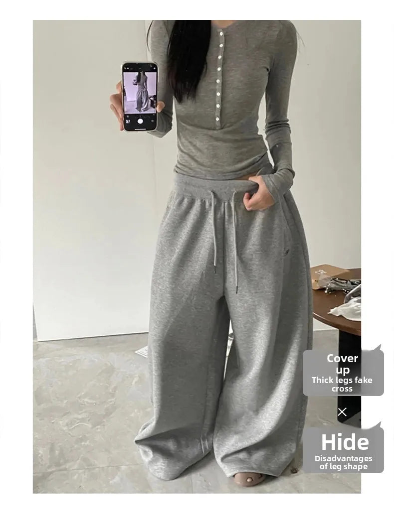 American Style Lazy Girl Sports Pants Women High Waist Loose Slimming Casual Wide Leg Pants Fall New Arrival Small Size