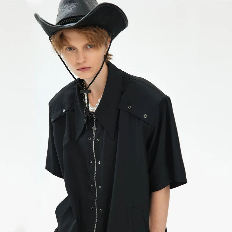 Men's Metal Zipper Button Solid Y2K Summer Shirts 2026 High Street Fashion Trend Casual T-shirts Moto & Biker Oversized Tee Tops