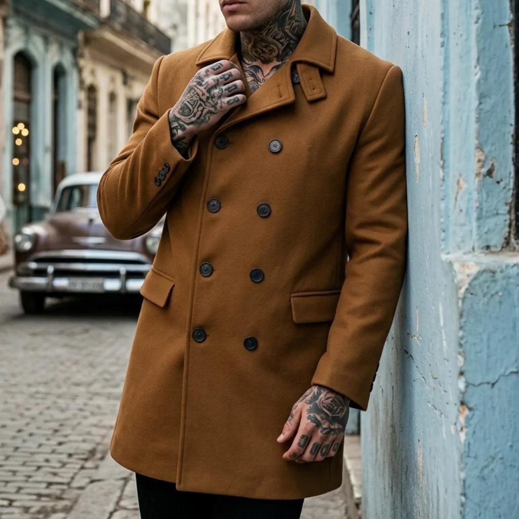New Winter Men's Wool Blends Double-Breasted Knee-Length Trench Coat - Windproof Casual Street Long-Length Outerwear for Men