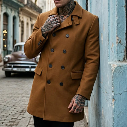 New Winter Men's Wool Blends Double-Breasted Knee-Length Trench Coat - Windproof Casual Street Long-Length Outerwear for Men