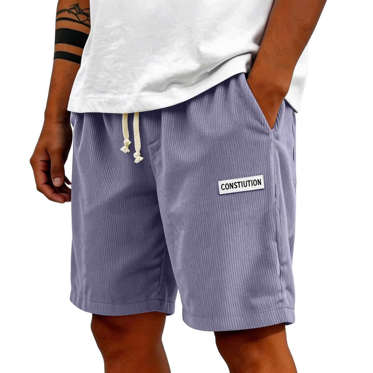Men's Corduroy Casual Shorts Drawstring Elastic Waist Loose Fit Five-Point Shorts With Pockets Labelled Men's Bottoms Sporty