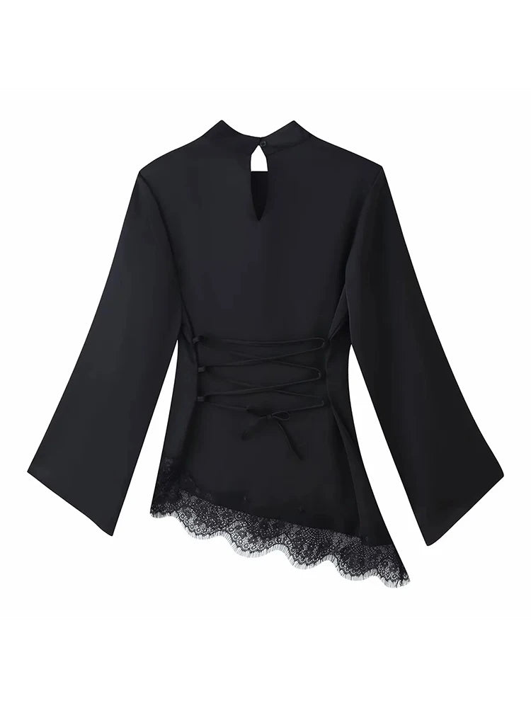 Women Casual Lace Patchwork Hem Lace-up Tops Women's Slim Waist-cinching Blouse New Ladies Spring Solid Elegant Blouses ﻿