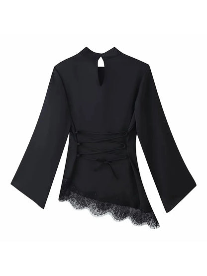 Women Casual Lace Patchwork Hem Lace-up Tops Women's Slim Waist-cinching Blouse New Ladies Spring Solid Elegant Blouses ﻿