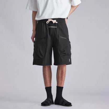 Fashion Men Techwear Diagonal Zip Big Pockets Cargo Shorts 2026 Summer Loose Breathable Outdoor Straight 5 Inch Bermuda Shorts