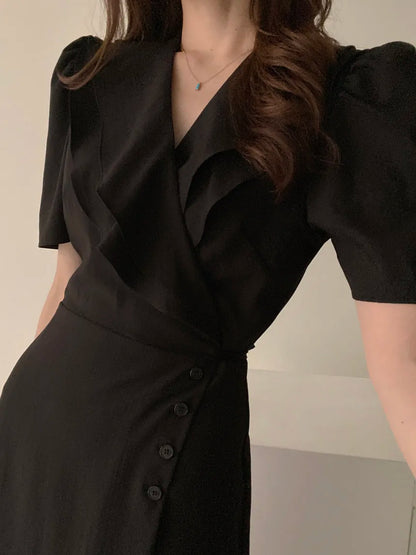 Retro Double Layered Collar Bubble Sleeve  Dress Elegant Short Sleeve V Neck Summer Casual Women's Dress