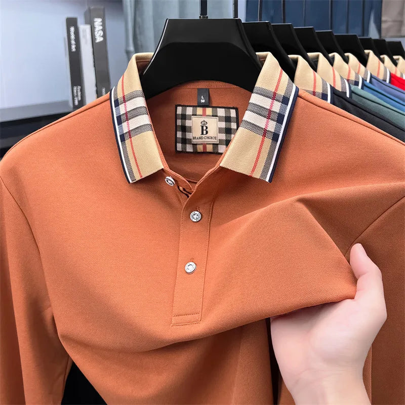 Fashion silk cotton long sleeve polo shirt men's autumn luxury brand simple comfortable new business and leisure lapel T-shirt