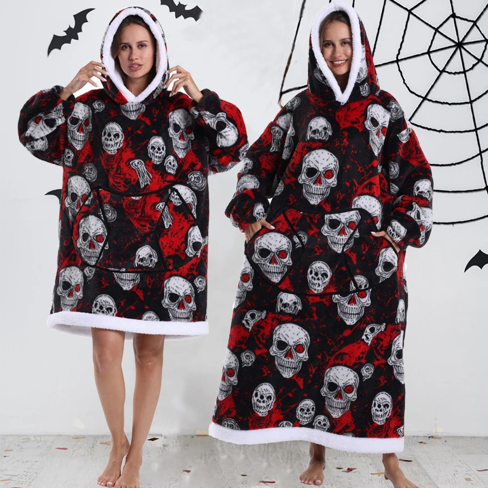 Women Hoodies Fluffy Warm Black Grey Long Sleeve Top Halloween Pumpkin Skull Ghost Hoodie Blanket Oversized Adult Winter Clothes