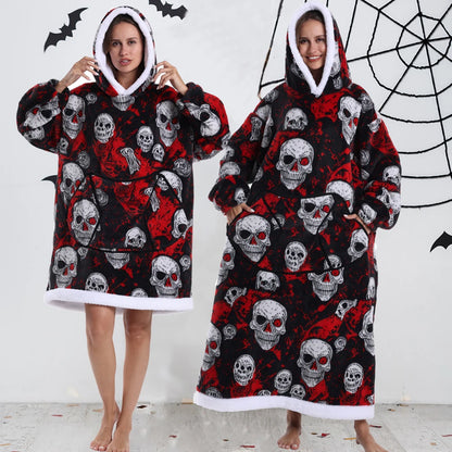 Women Hoodies Fluffy Warm Black Grey Long Sleeve Top Halloween Pumpkin Skull Ghost Hoodie Blanket Oversized Adult Winter Clothes
