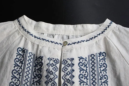 Retro Embroidered Cotton Linen Long Sleeve Women's Shirt Thin Top Large Size Cotton Linen Long Sleeve T-Shirt Commute Wear