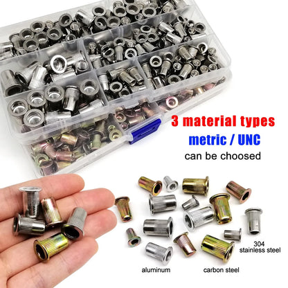 1 Box M3 M4 M5 M6 M8 US Coarse Thread UNC 304 A2-70 Stainless Steel Carbon Steel Aluminum Flat Head Rivet Nut Rivnut Set Kit