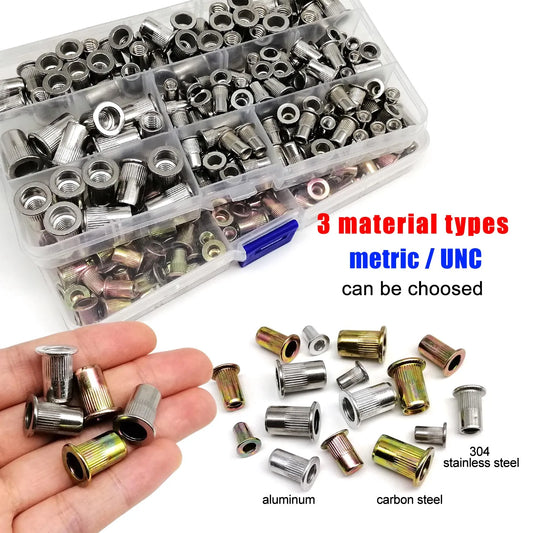 1 Box M3 M4 M5 M6 M8 US Coarse Thread UNC 304 A2-70 Stainless Steel Carbon Steel Aluminum Flat Head Rivet Nut Rivnut Set Kit