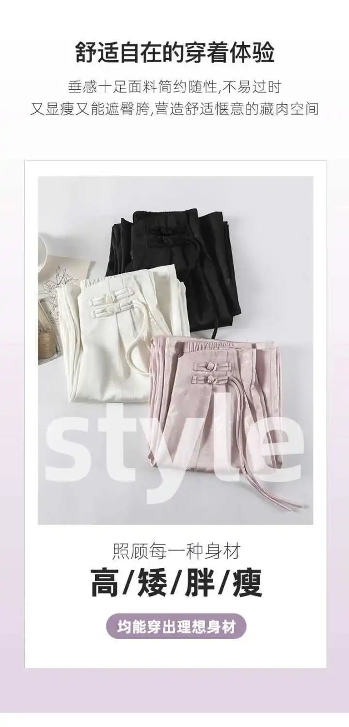 High Waist Loose Straight Pants with Button Knot Pocket New Chinese Style Satin Wide Leg Pants Spring Summer Trousers Pink Black