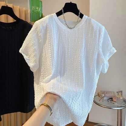 Short Sleeve T-Shirt Textured Summer Trendy High End Casual Handsome round Neck Half Loose Top Thin Cotton Women's Tee