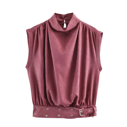 New Spring 2026 Women's High Collar Sleeveless Shoulder Ruffle Anti Velvet Effect with Buckle Top