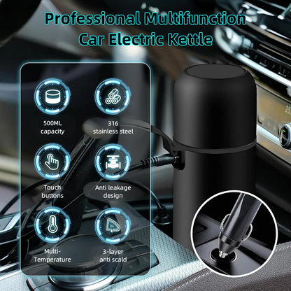 12V/24V Car Heating Cup 500ml Temperature Adjustable Coffee Tea Truck Cup with 304 Stainless Steel Dry Burn Protection & Cup Bag