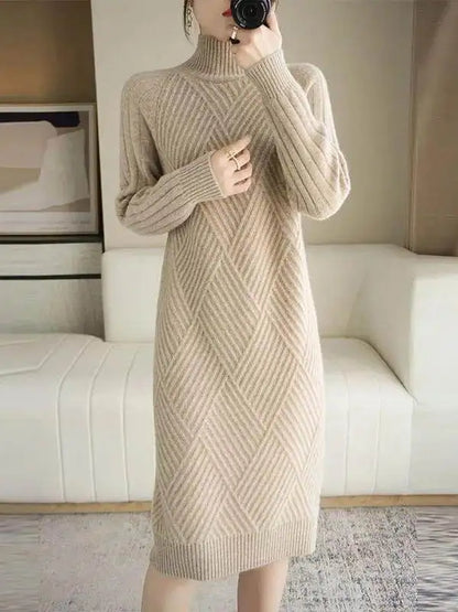Thickened Winter Knitted Dress Women's Midi Knee-length Loose High-neck Fashionable Base Layer Dress Pure Color Long Sleeve