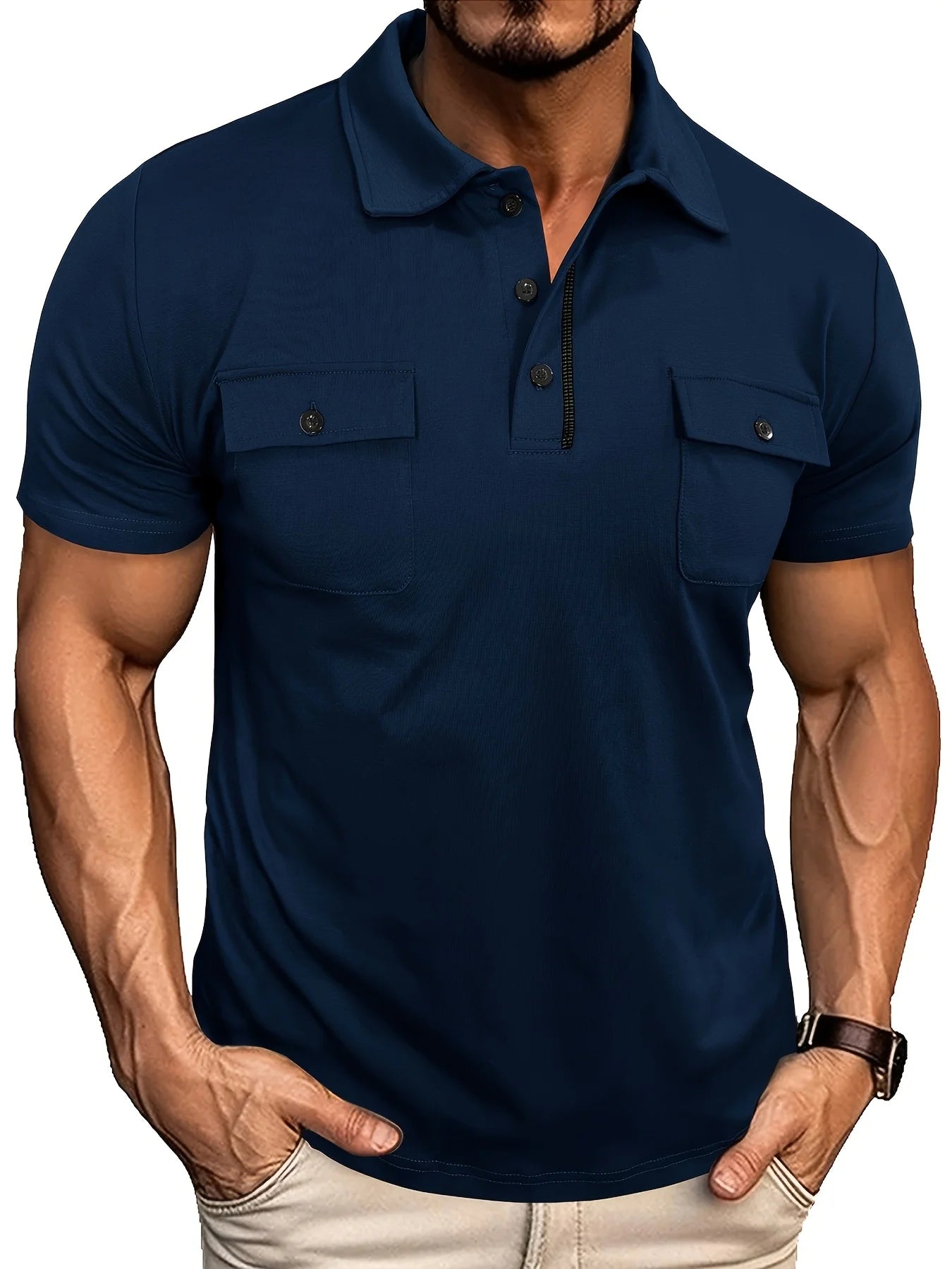Summer Men's Short-Sleeve Polo Shirt Casual Solid Color Turn-Down Collar T-Shirt Pullover Top Henley Shirt with Pockets