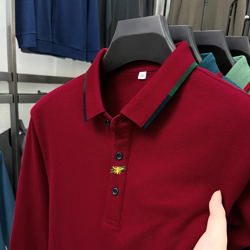 High End Brand Men's Embroidered Long Sleeve 100% Cotton Polo Shirt Business Casual Lapel Fashion Solid Color T-shirt Men's Wear
