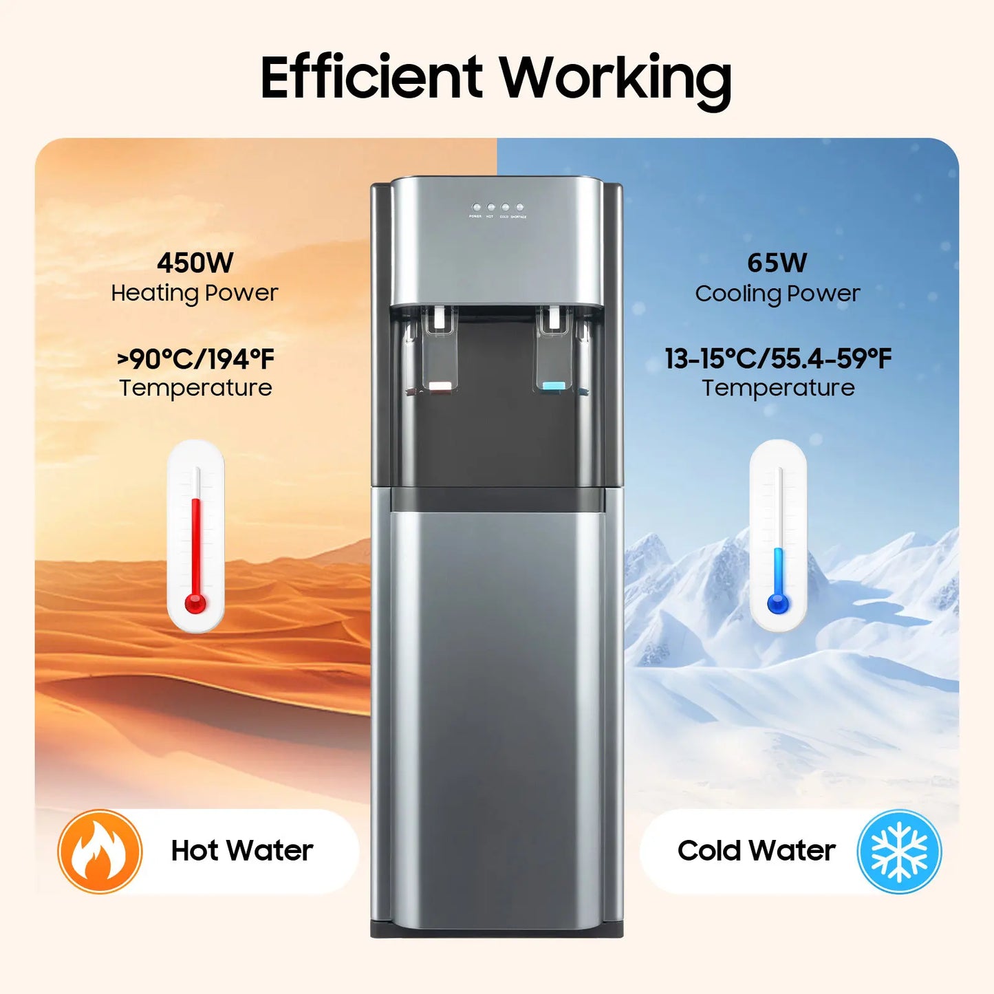 F880 Dark Gray Bottom Loading Water Dispenser Hot Cold Heating Cooling Water Cooler 304 Stainless Steel Liner 110V US Plug Floor Standing Drinking Water Machine Fit 20L 5.28Gallon Water Barrel