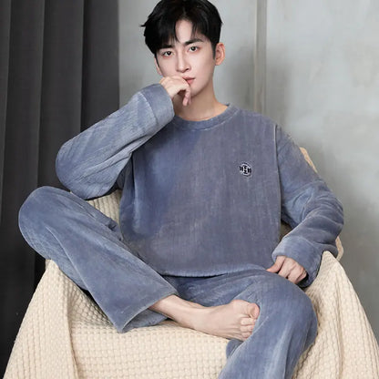 Thickened Flannel Sleepwear for Men Winter Coral Fleece Home Clothes Set Spring Autumn Winter Style Casual Loose Fit Long Sleeve