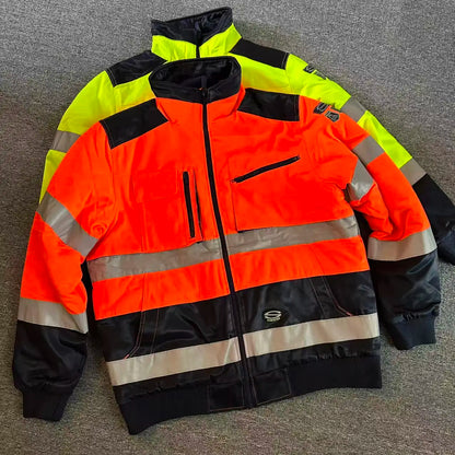 Men's Winter Outdoor Work Jacket Cotton Coat Reflective Strip Stand Collar Casual Long Sleeve Loose Fit Youth Fashion