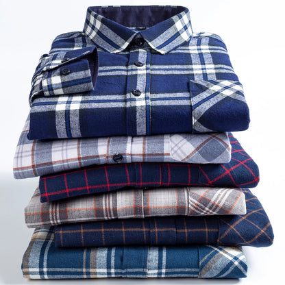 Men's long-sleeved cotton jersey checked shirt - suitable for daily work in all seasons, featuring fashionable style.