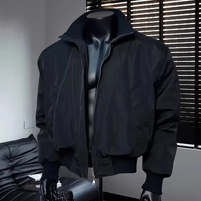 Casual American Style Men's Jacket Stand Collar Baseball Loose Fit Outerwear Windproof Zipper Closure Long Sleeve Pure Color
