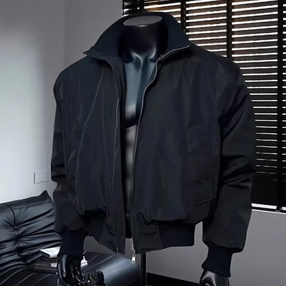 Casual American Style Men's Jacket Stand Collar Baseball Loose Fit Outerwear Windproof Zipper Closure Long Sleeve Pure Color