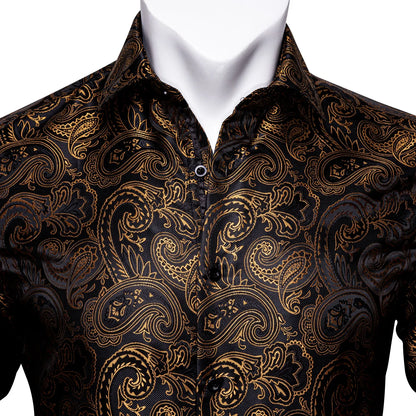 Gold Paisley Bright Shirts Men Autumn Long Sleeve Casual Flower Shirts For Men Designer Fit Dress Shirts BCY-07
