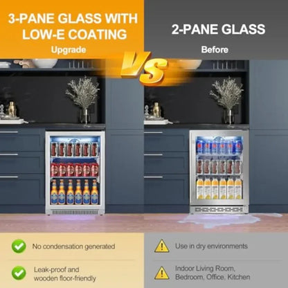 20IN Beverage Refrigerator with Glass Door for Soda Beer Drink Cooler, Stainless Steel, Black, Energy-Efficient Built-in Under