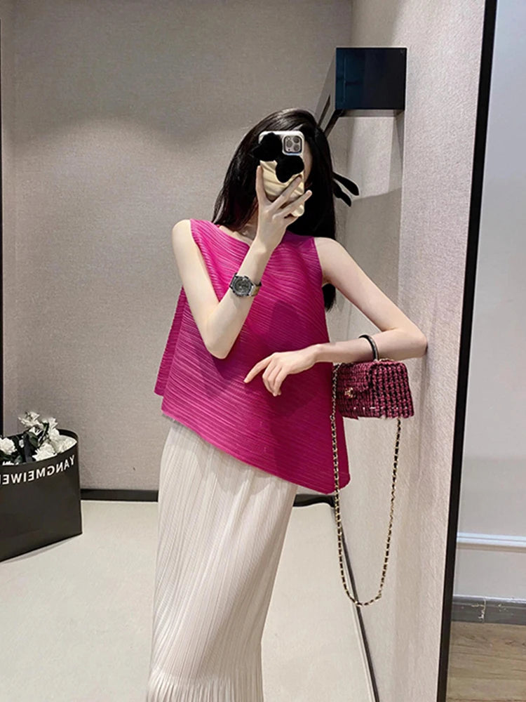 Unique Folded Design Sleeveless Top Set for Small Women Elegant Suitable Travel Wear Polyester Summer T-Shirt round Neck High...