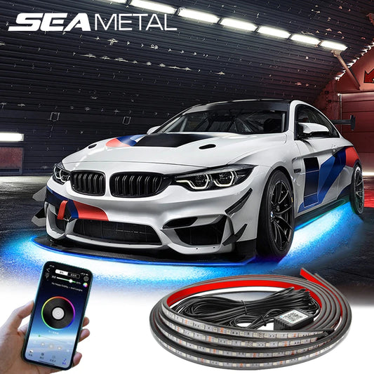 SEAMETAL 4Pcs Car Underglow Light Strip Flexible Led Car Underbody Atmosphere Light Sound Active App Control Decorative Lamp