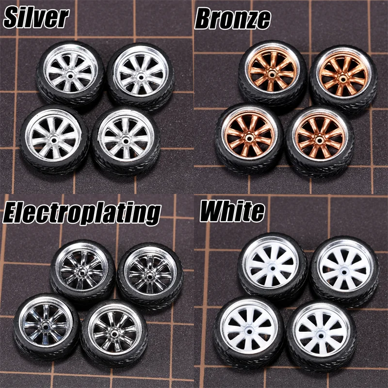 1/64 Model Car Wheels 4 Sets-11mm Diameter ABS Rubber Tires with Brake Disc-Upgrade Parts for Tomica Hot Wheels Diecast Vehicles