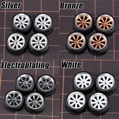 1/64 Model Car Wheels 4 Sets-11mm Diameter ABS Rubber Tires with Brake Disc-Upgrade Parts for Tomica Hot Wheels Diecast Vehicles